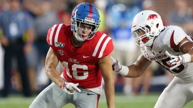 Luke Knox bends the edge in the Ole Miss home opener against Arkansas (Josh McCoy, Ole Miss Athletics)